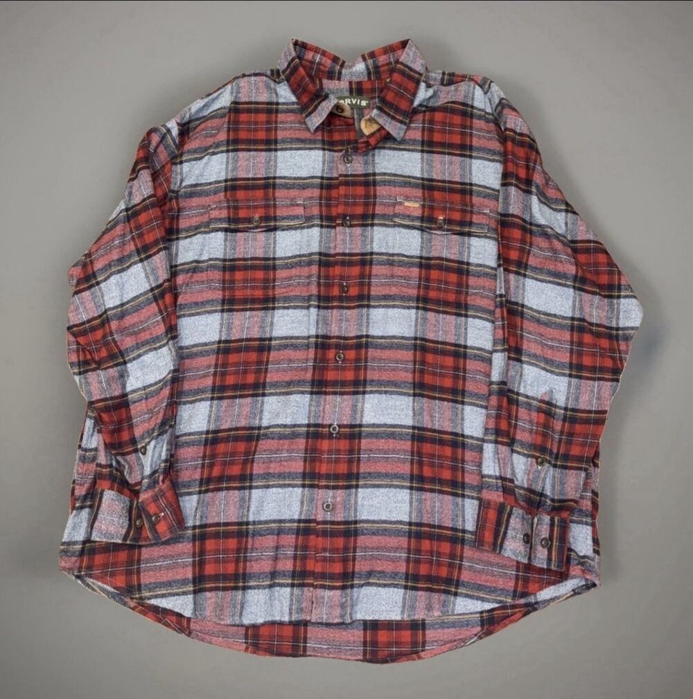 Orvis Fairbanks Flannel Shirt Mens XXL Classic Fit Red Gray Plaid Long Sleeve